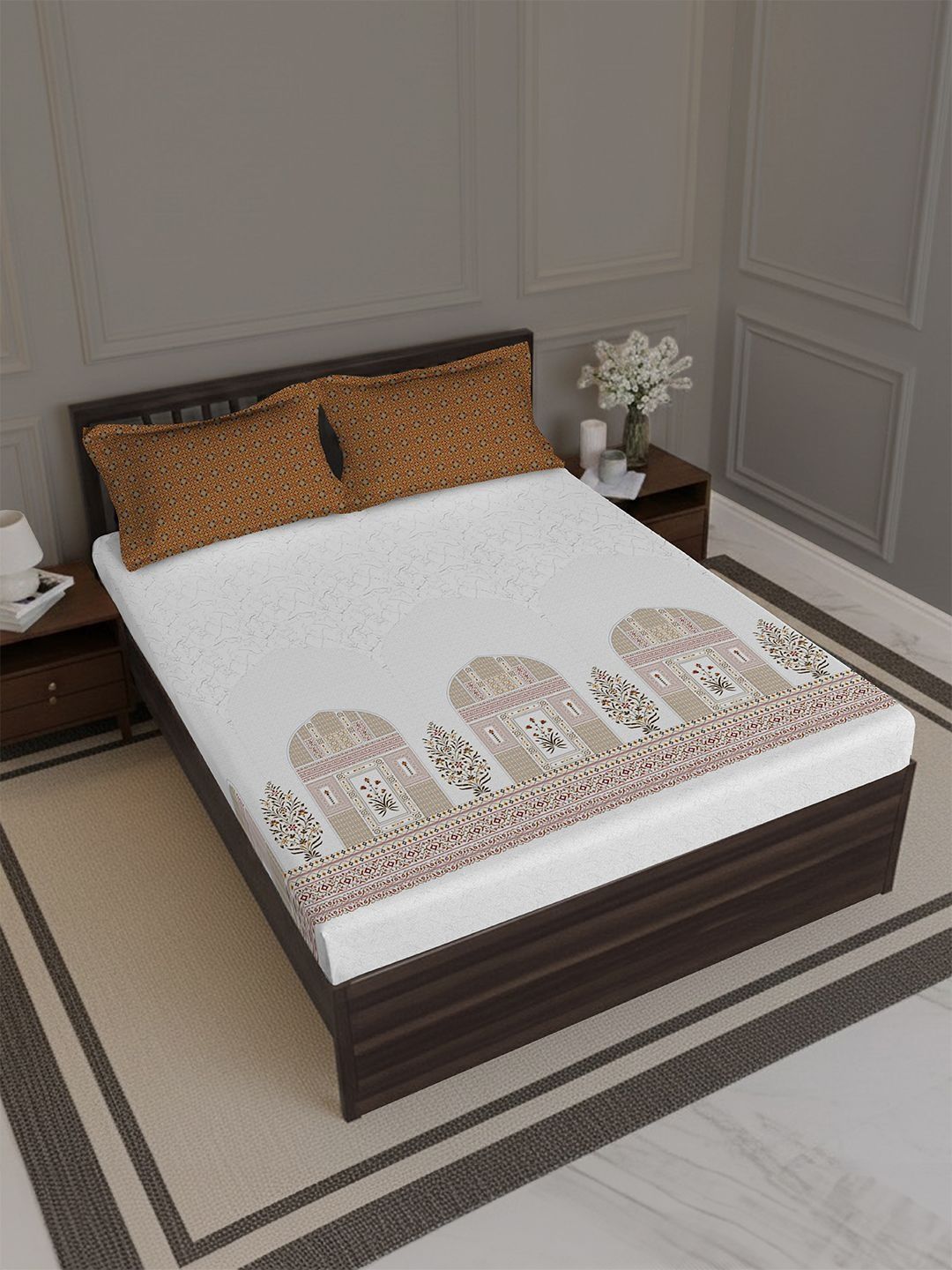 MYTRIDENT White Ethnic Motifs 180 TC King Bedsheet with 2 Pillow Covers