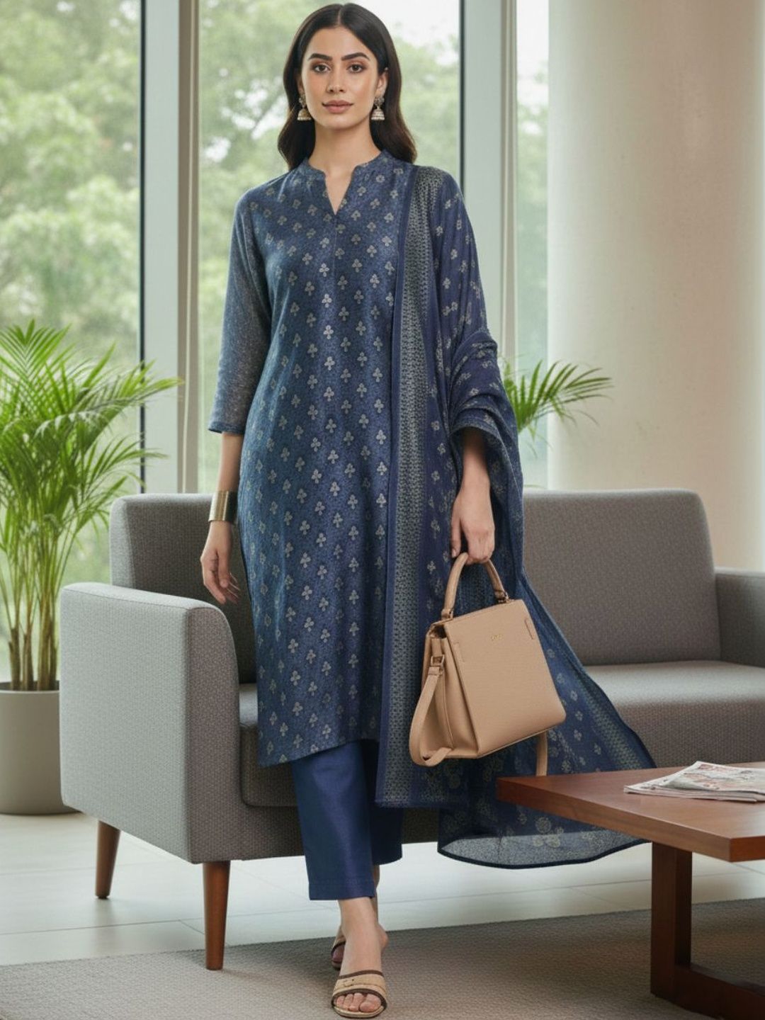 Varanga Women Floral Printed Regular Chanderi Silk Kurta with Trousers & With Dupatta