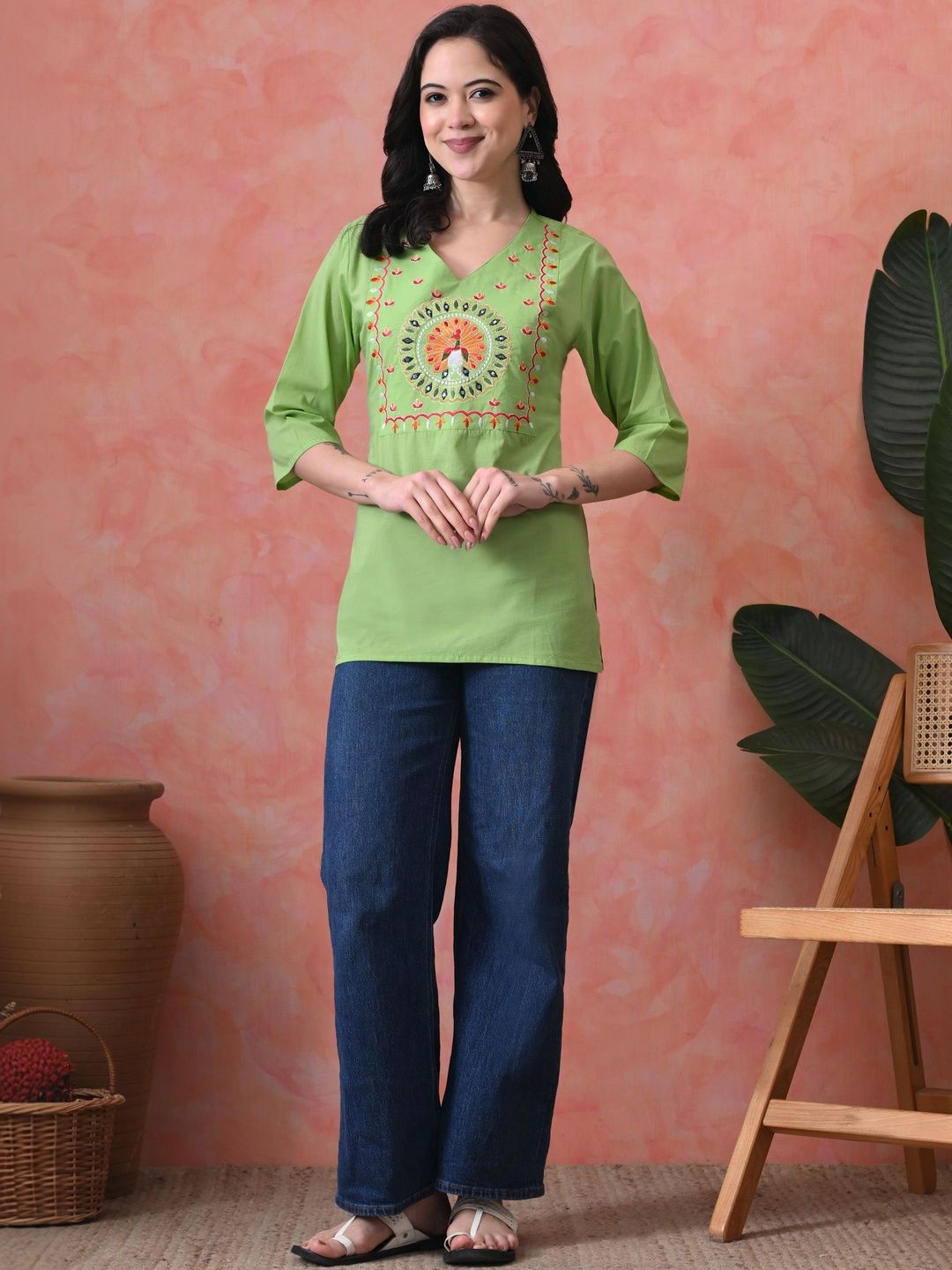 JEMCY Embroidered Ethnic Cotton Blend Top