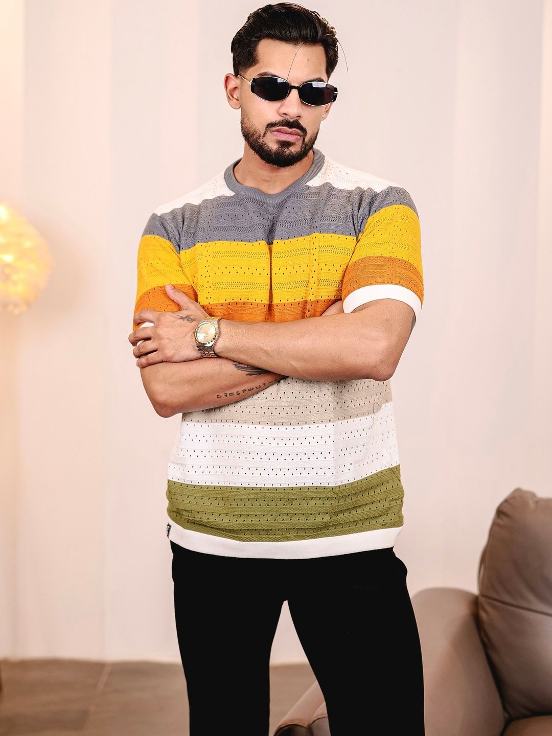 Hamercop Grey Multicolour Knitted Cotton T-Shirt