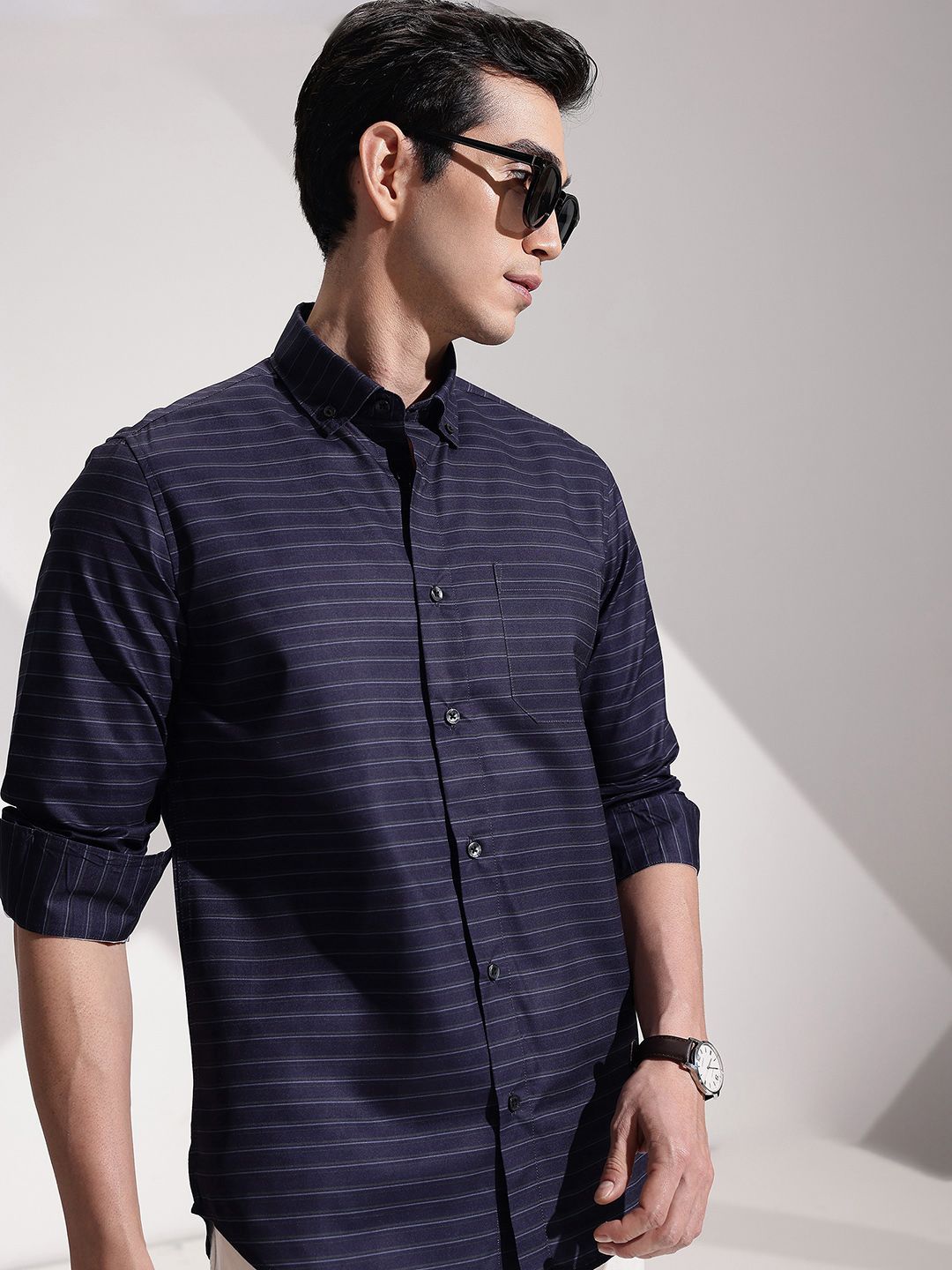 encore by INVICTUS Urban Slim Fit Button-Down Collar Striped Casual Shirt