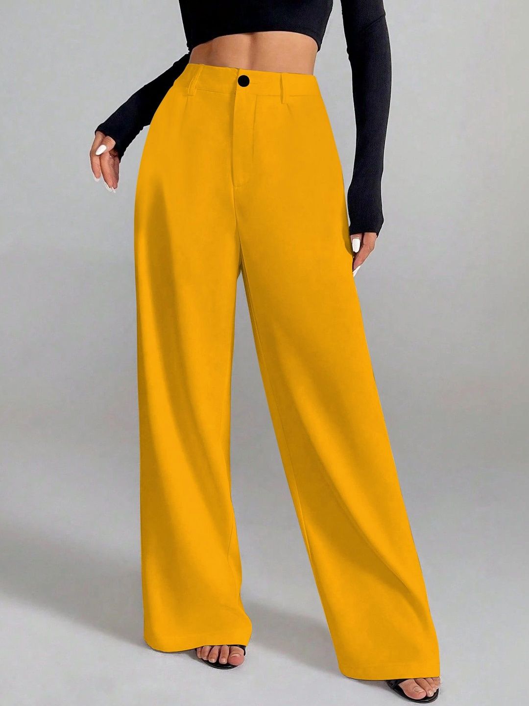 KERI PERRY Solid Ribbed High-Rise Straight Fit Flat Front Trouser