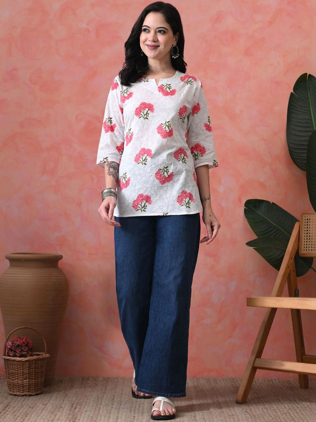 JEMCY Floral Print Cotton Blend Top