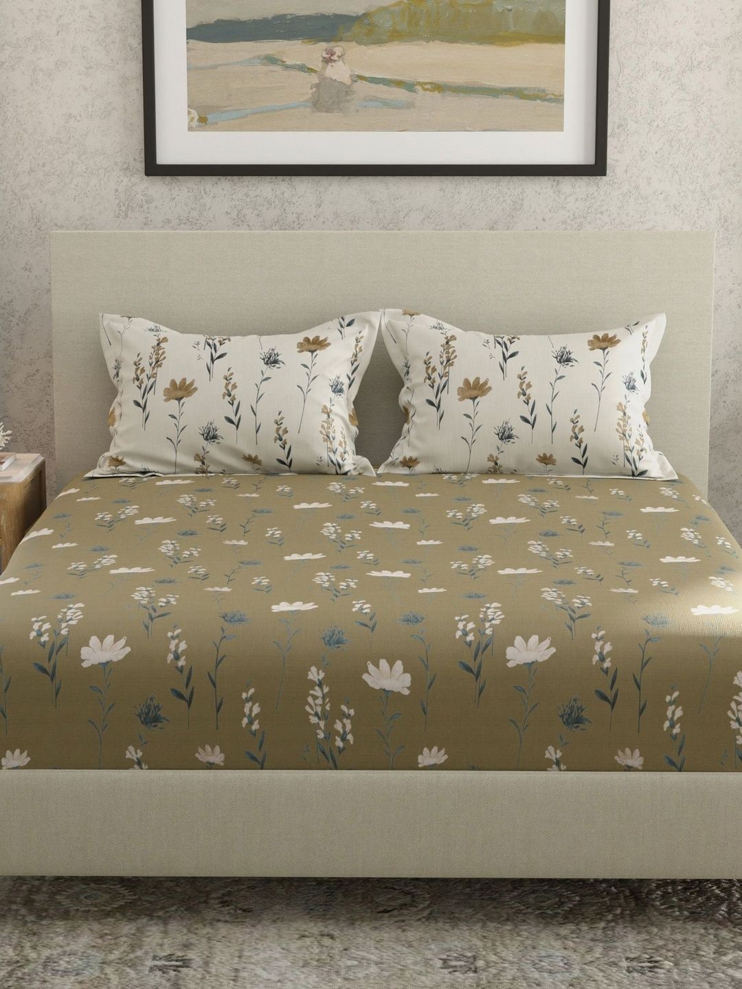 Huesland Brown Floral 144 TC Double Bedsheet with 2 Pillow Covers-244 x 223 cm