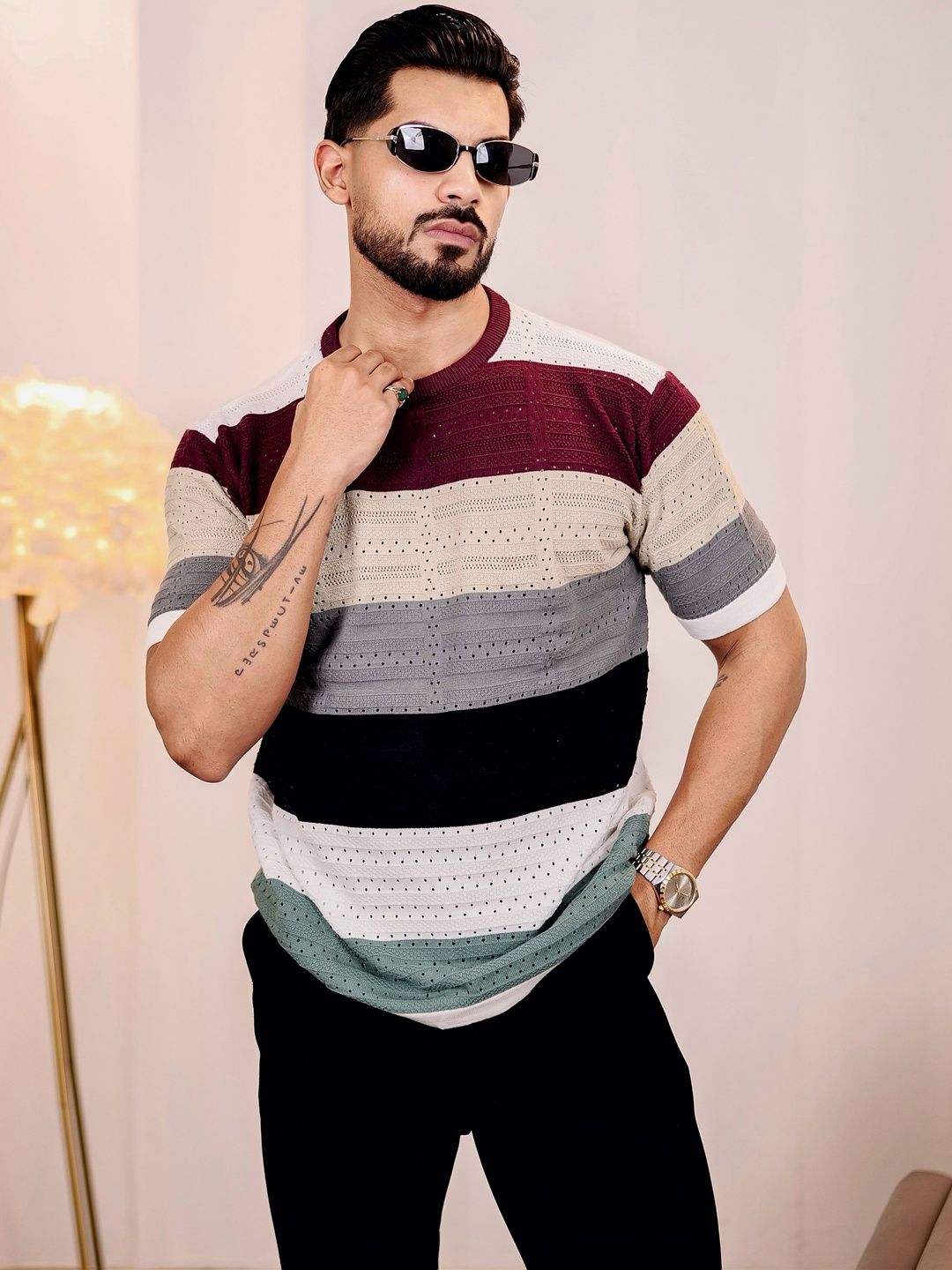 Hamercop Maroon Multicolour Knitted Cotton T-Shirt