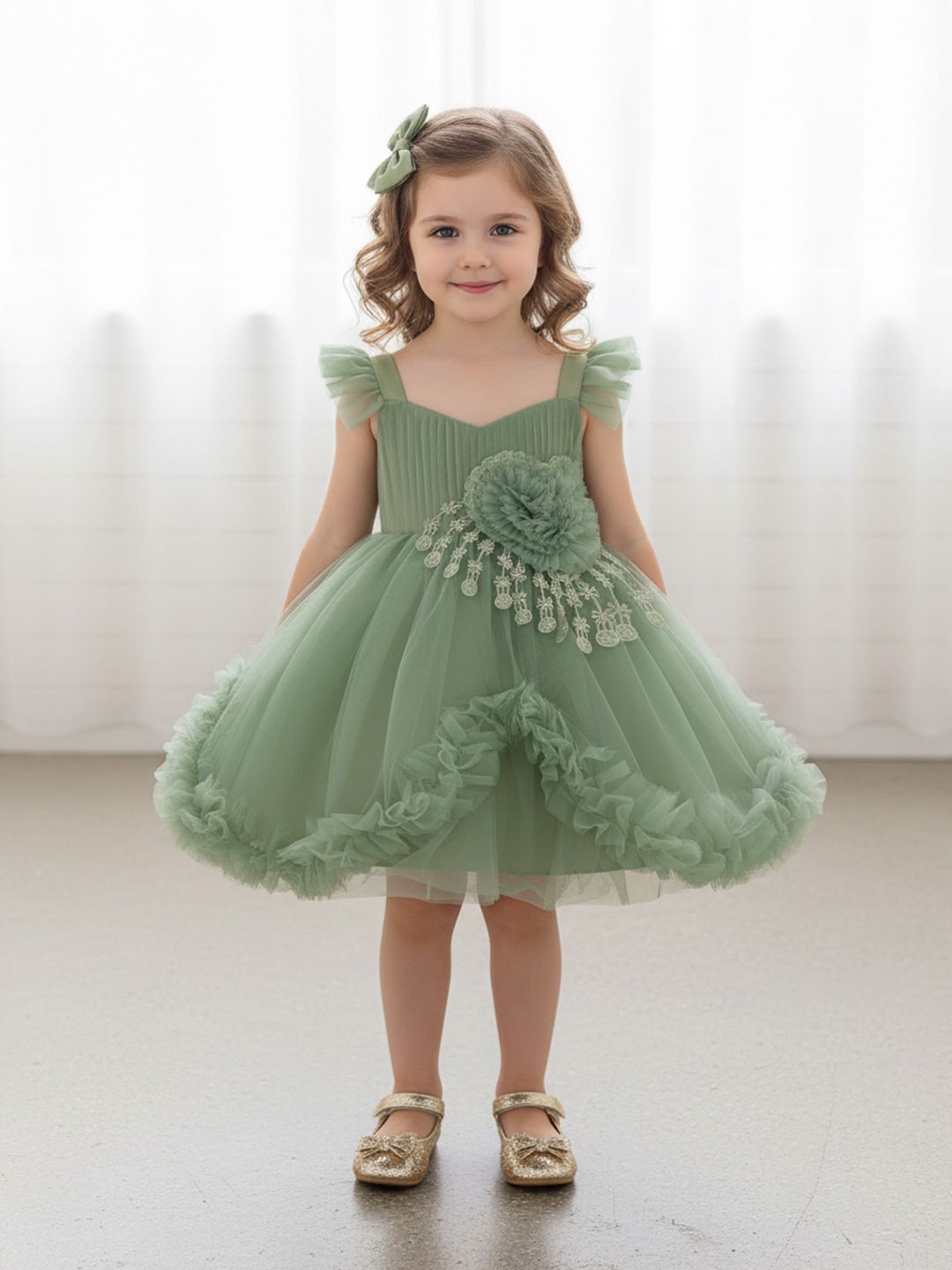 YK Puff Sleeve Ruffled Net A-Line Midi Dress