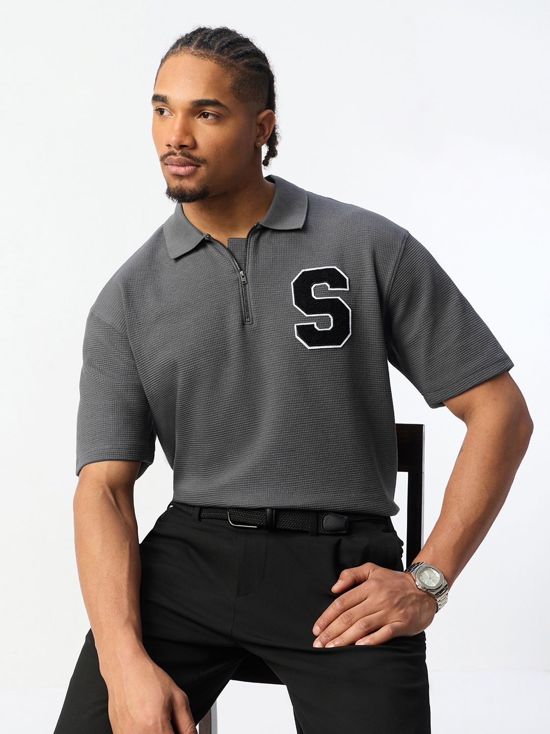 The Souled Store Men Oversized Textured Grey Tshirts