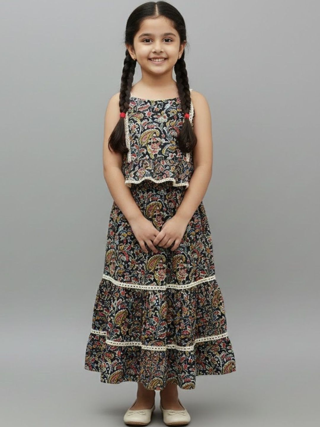 Bholukart Girls Paisley Printed Tiered Raw Silk Top with Skirt