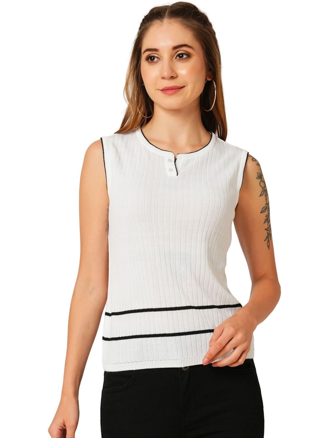 G0-4 IT Women Striped Henley Neck Slim Fit T-shirt