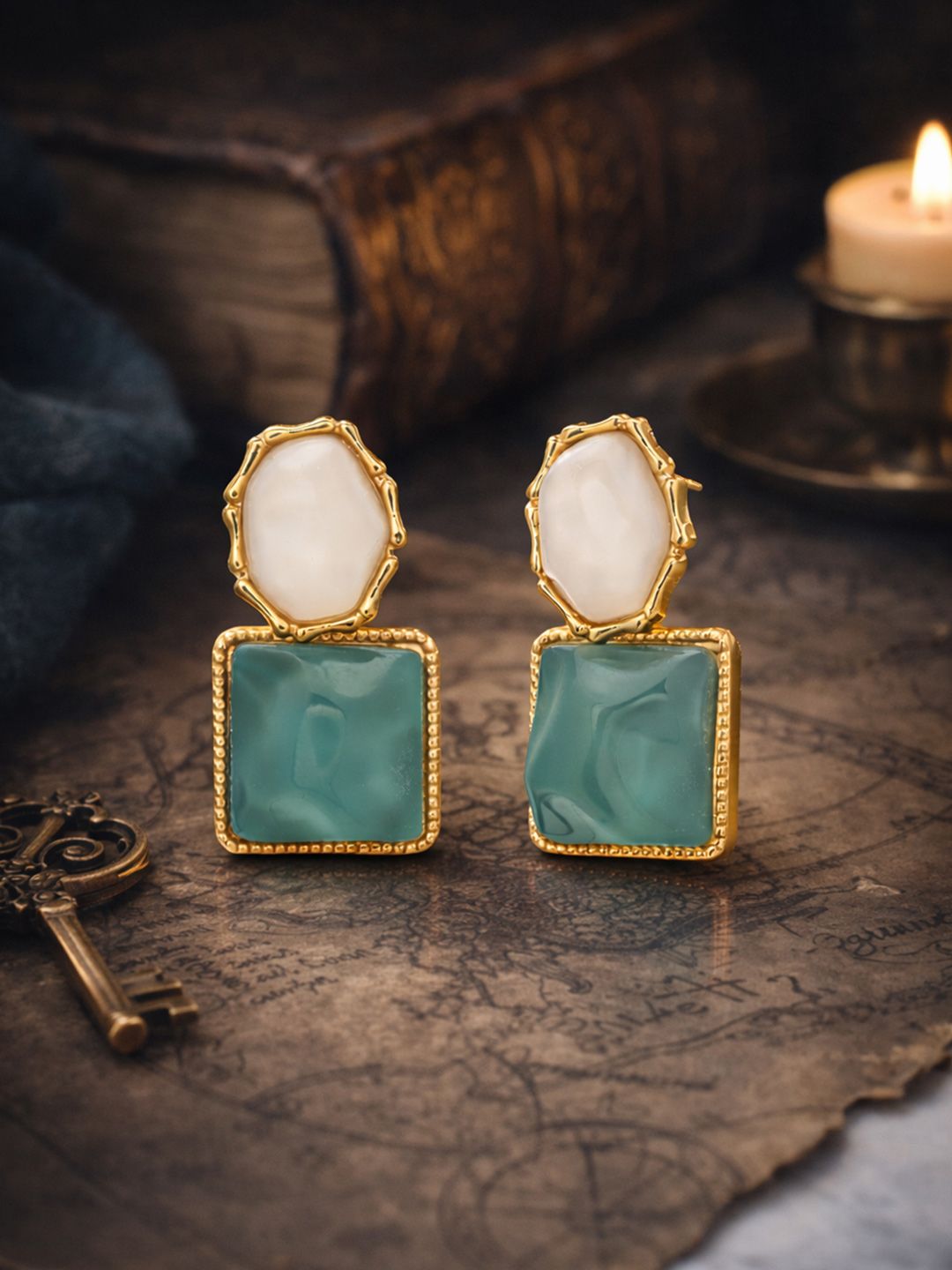 Carlton London Gold-Plated Stone-Studded Contemporary Drop Earrings