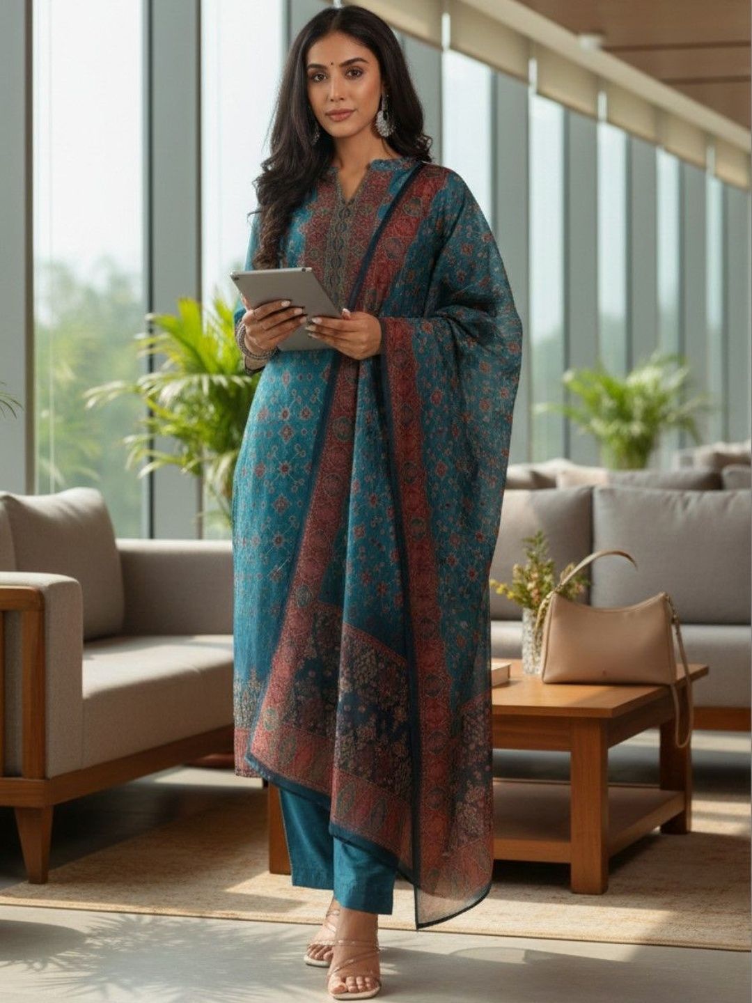 Varanga Women Ethnic Motifs Printed Regular Thread Work Chanderi Silk Kurta with Trousers & With Dupatta