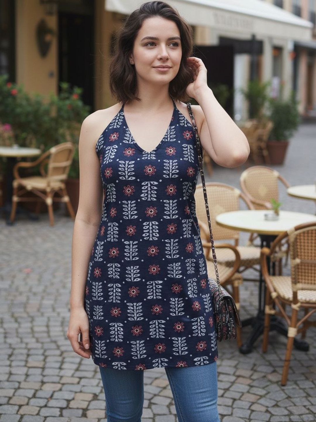 ZIVRAA Ethnic Motifs Printed Halter Neck Kurti