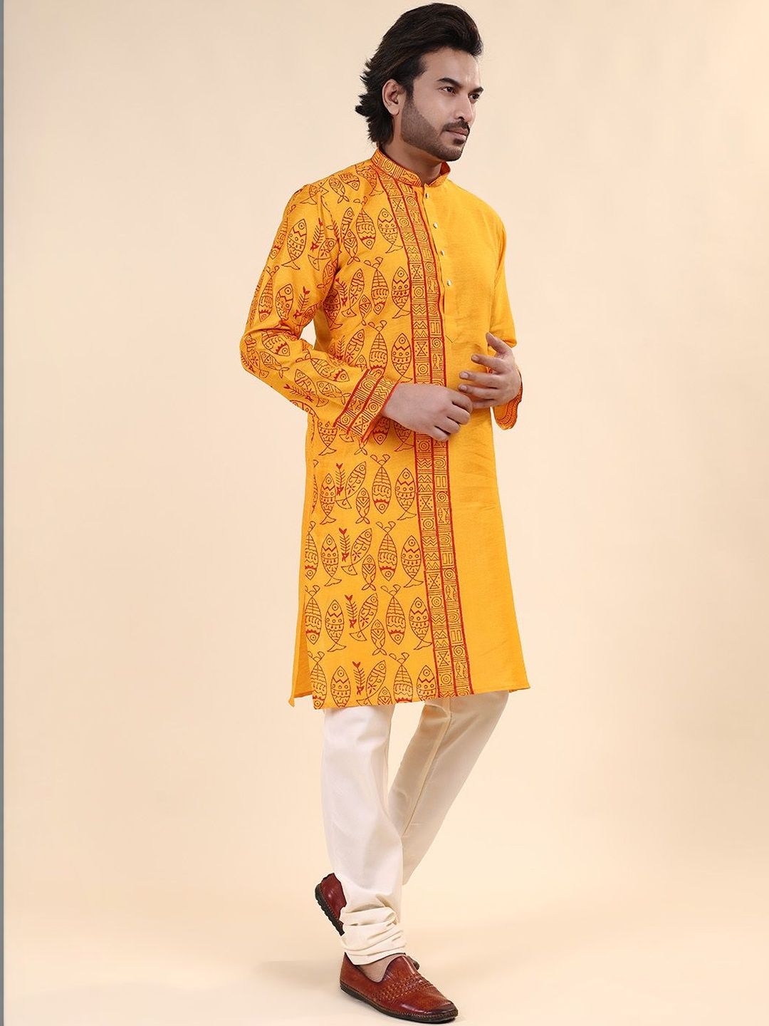 RANAK Men Block Printed Mandarin Collar Straight Kurta