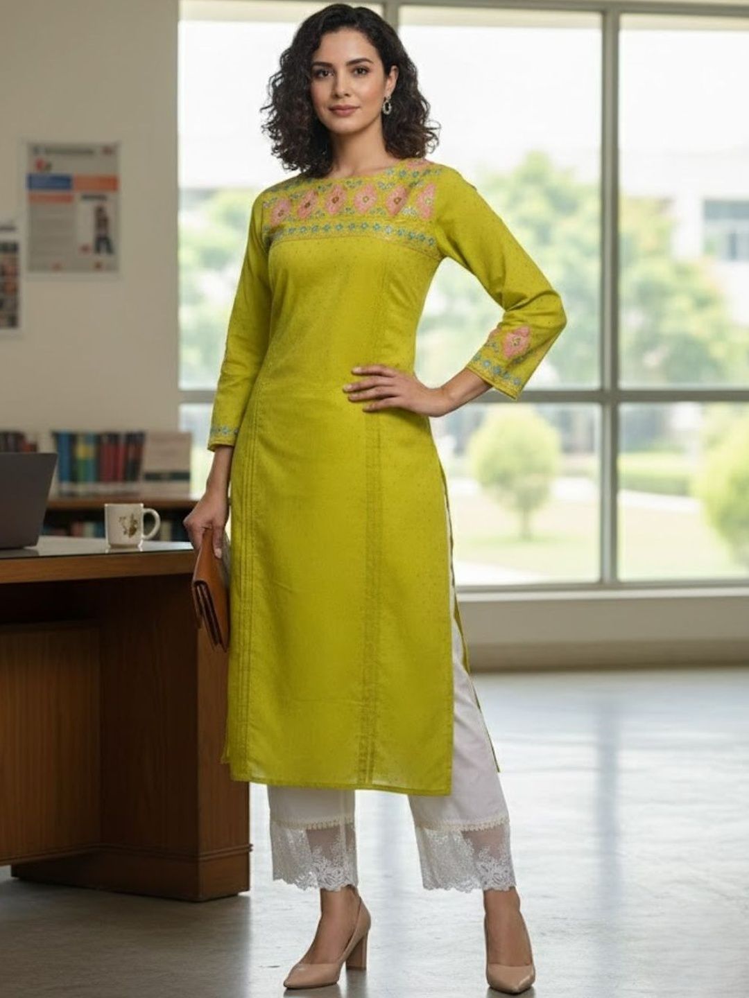 KALINI Women Floral Printed Flared Sleeves Thread Work Kurta
