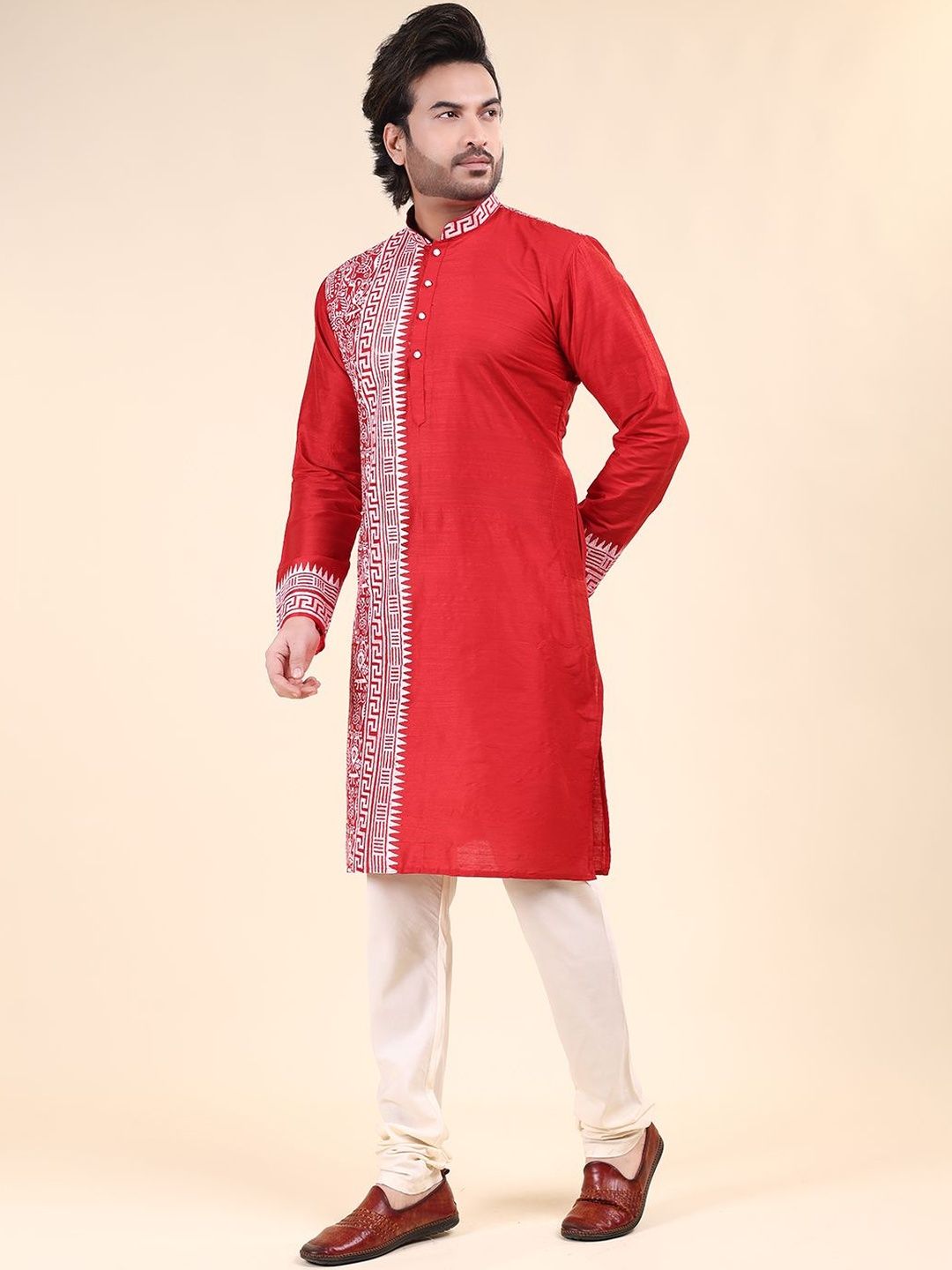 RANAK Men Block Printed Mandarin Collar Straight Kurta
