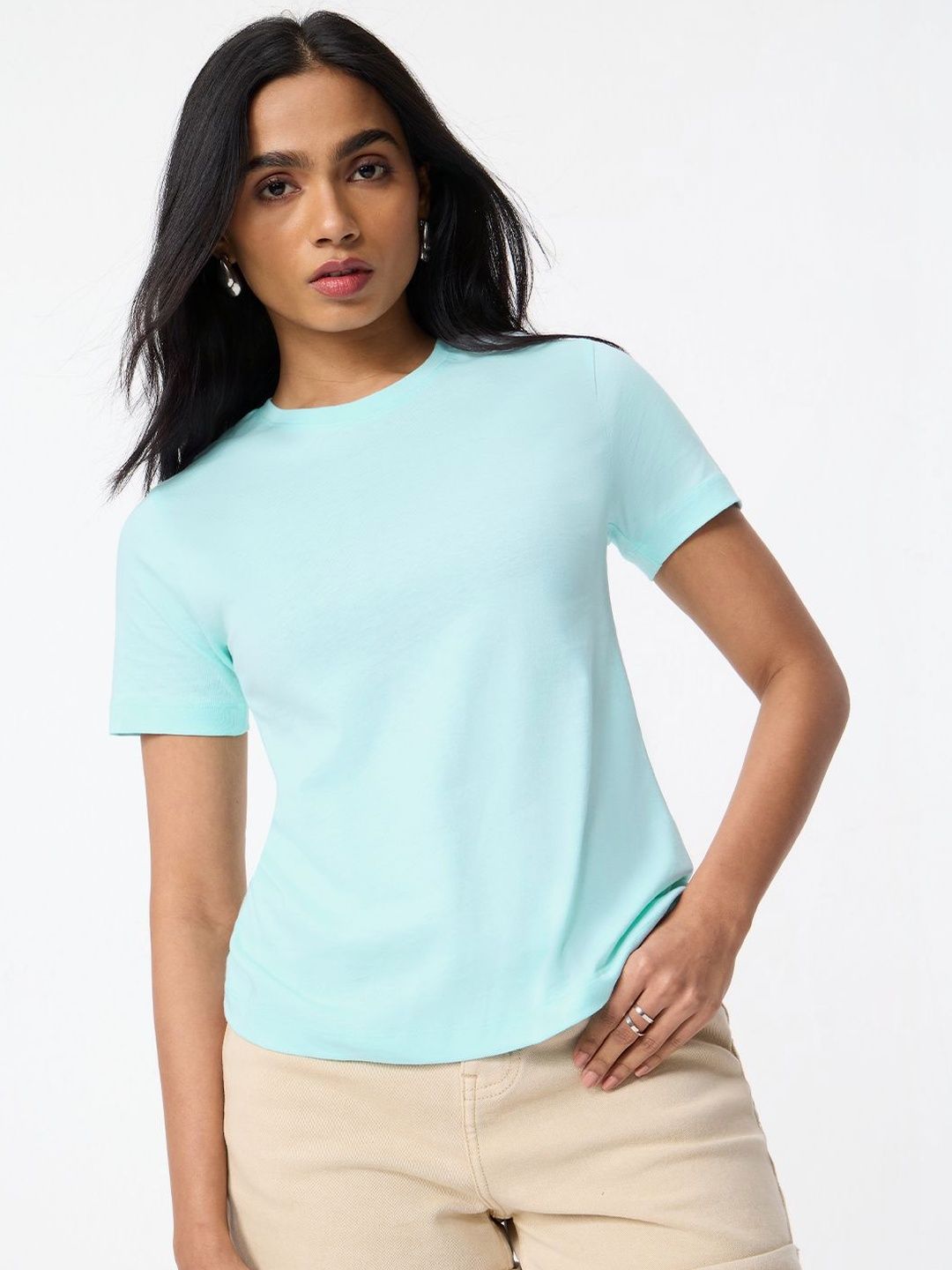 The Souled Store Women Regular Fit Solid Turquoise Blue T-Shirts