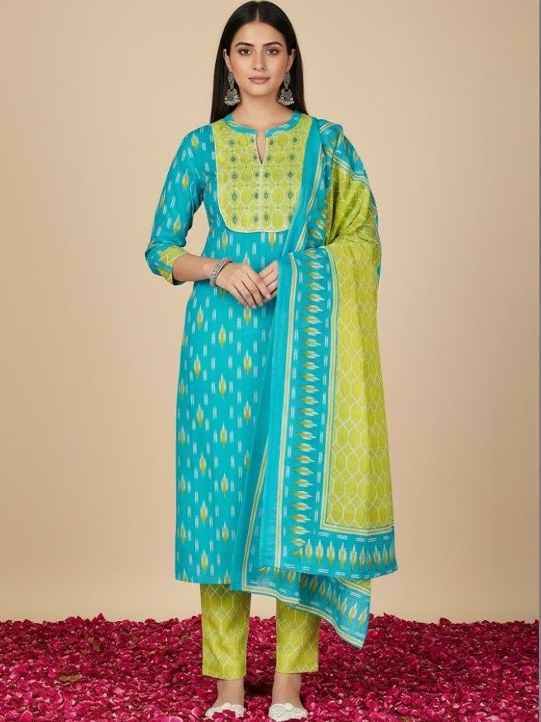 HERE&NOW Women Ethnic Motifs Printed Regular Pure Cotton Kurta with Trousers & With Dupatta
