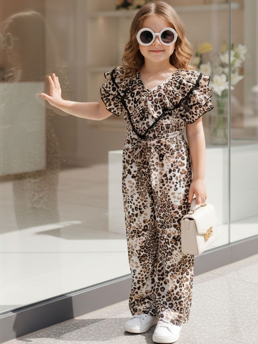 Girls Printed Basic Jumpsuit with Ruffles