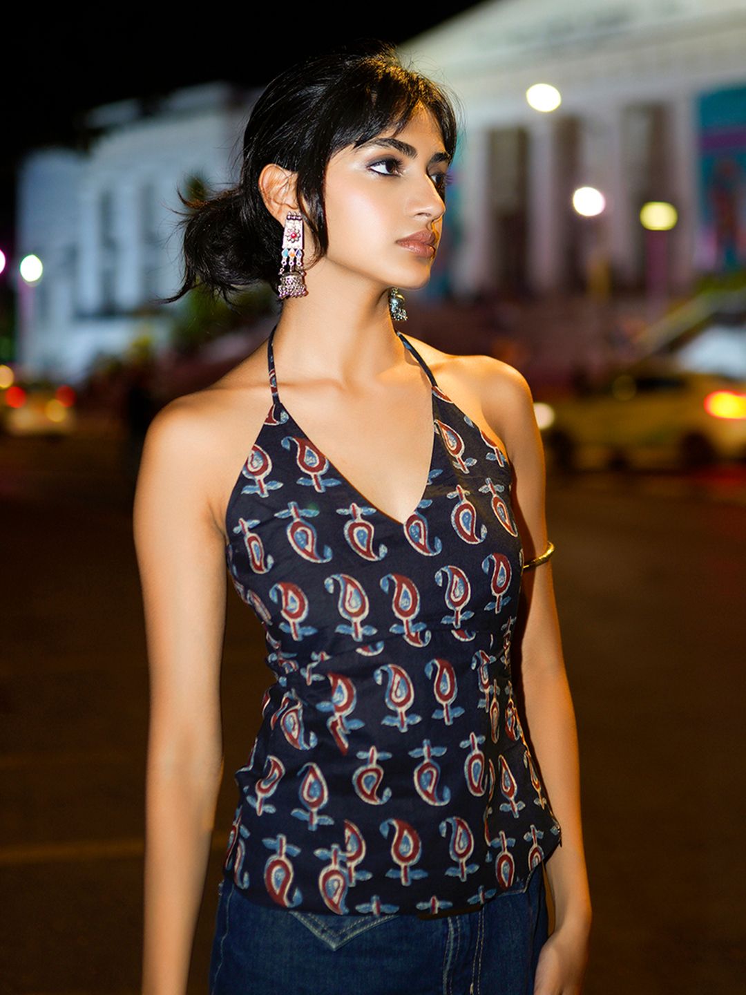 NISHORAMA Prited Cotton Halter Neck Slim Fit Top
