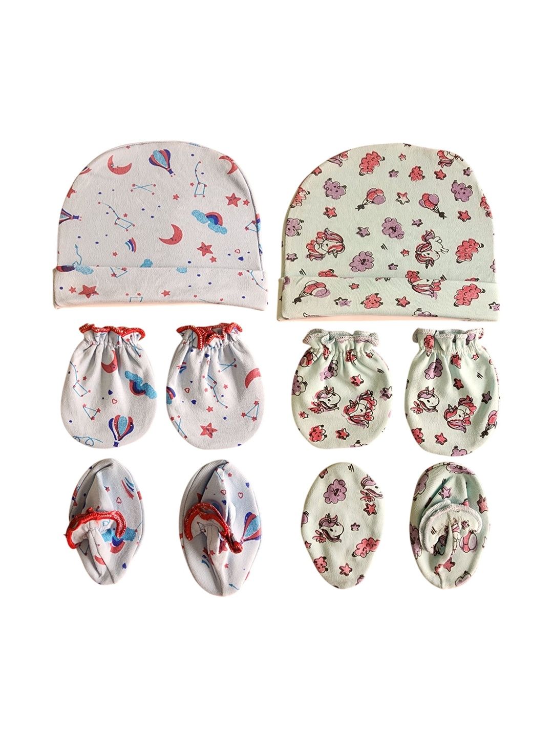THE WEAVERS SHOP BY RAAVI Kids Pack Of 2 Printed Beanie Cap With Mittens & Booties