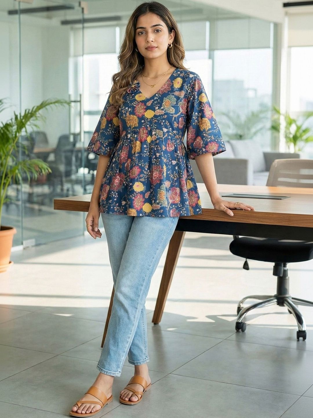 KALINI Floral Print Cotton Peplum Top