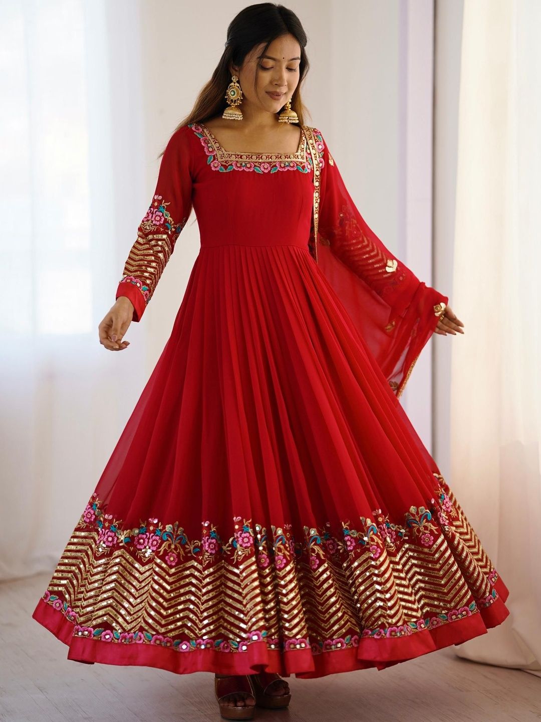 KALINI Women Ethnic Motifs Embroidered Panelled Mirror Work Kurta with Trousers & With Dupatta