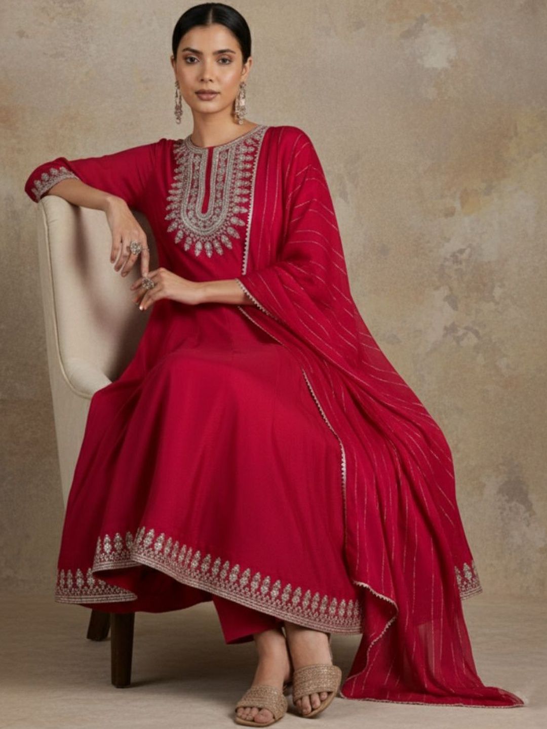 Varanga Women Ethnic Motifs Embroidered Regular Thread Work Kurta with Trousers & With Dupatta
