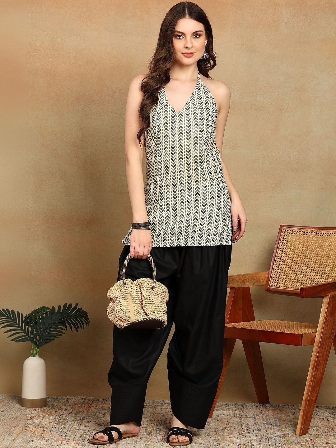 ADYASAA THE LABEL Geometric Printed Halter Neck Pure Cotton Kurti