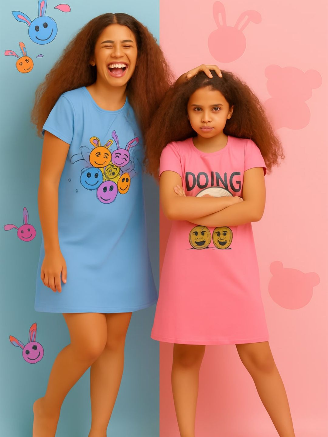 Girls Pack Of 2 Graphic Printed Nightdress