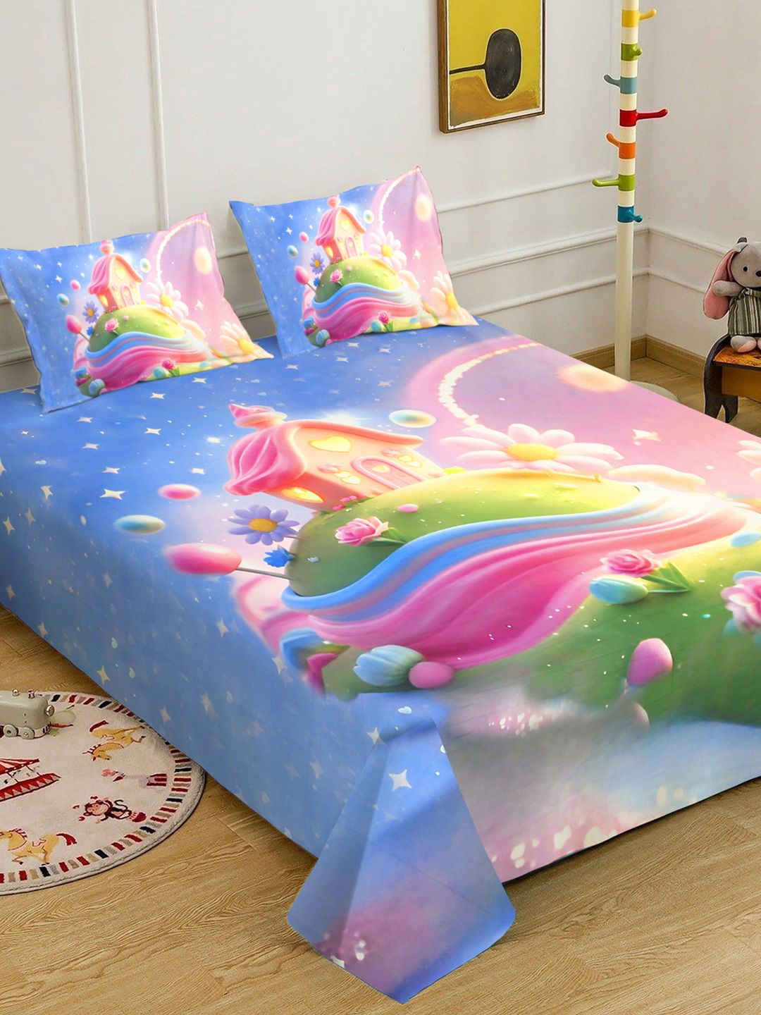 Blue & Pink Cartoon Printed Fitted 7D 400 TC Double King Bedsheet With 2 Pillow Cover