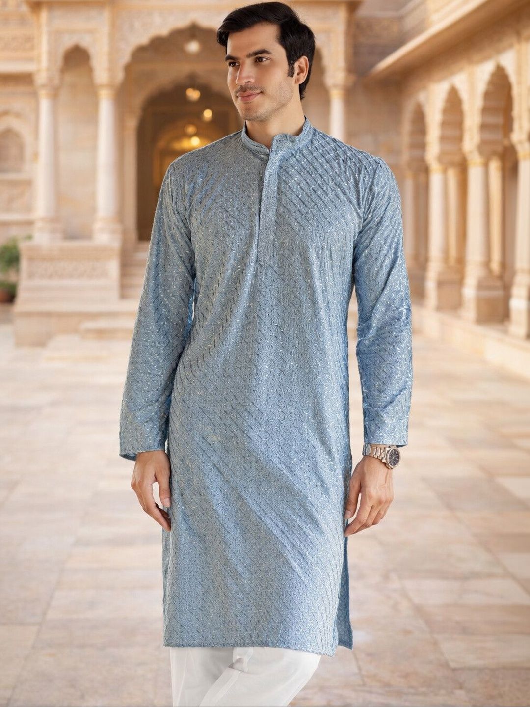 RANGRAAG Men Regular Thread Work Kurta with Pyjamas