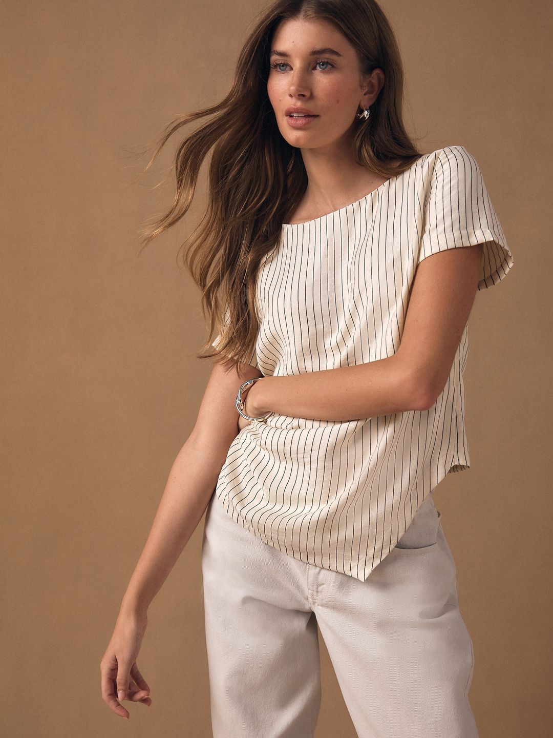 NEXT Striped Boat Neck Asymmetric Hem Top