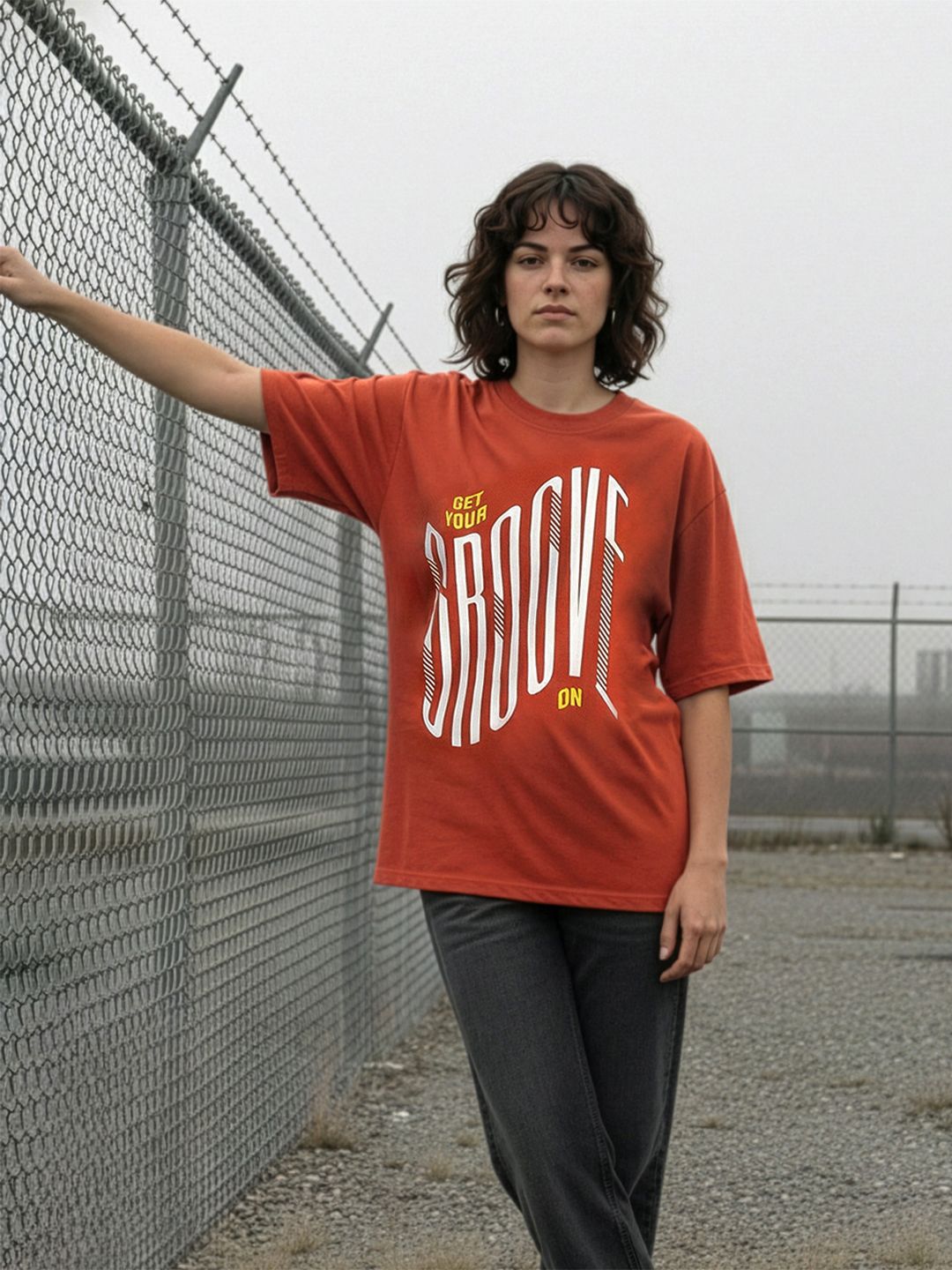 The Roadster Life Co. Oversized Typography Printed Pure Cotton T-shirt