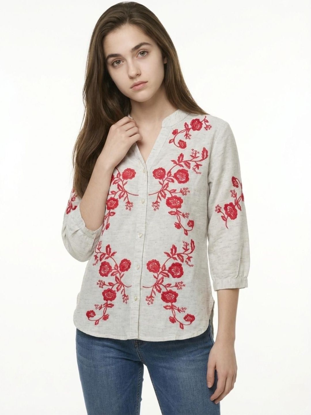 girlsify Floral Embroidered Mandarin Collar Puff Sleeve Cotton Shirt Style Top