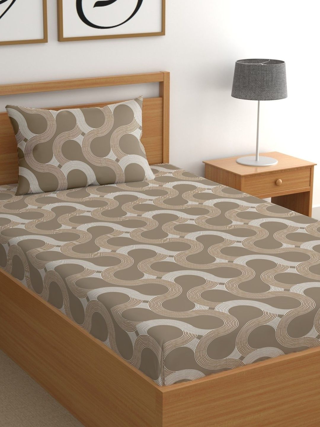CG HOMES Brown Geometric 210 TC Single Bedsheet with 1 Pillow Covers