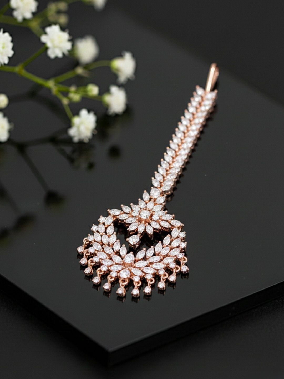 SUGARFRILL Rose Gold-Plated American Diamond Studded Maang Tikka Head Jewellery
