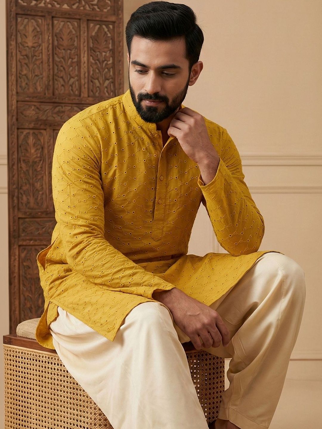 CHHAAP Men Ethnic Motifs Embroidered Regular Thread Work Pathani Kurta with Patiala