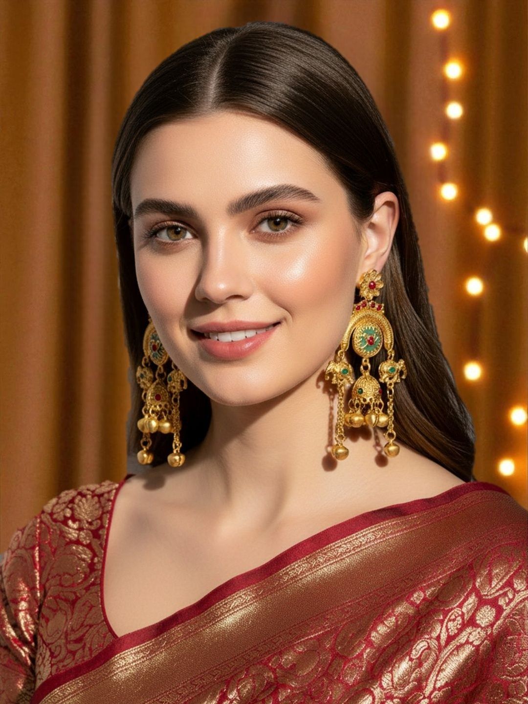 OOMPH Gold Elephant Design Ghungroo Kashmiri Drop Earrings