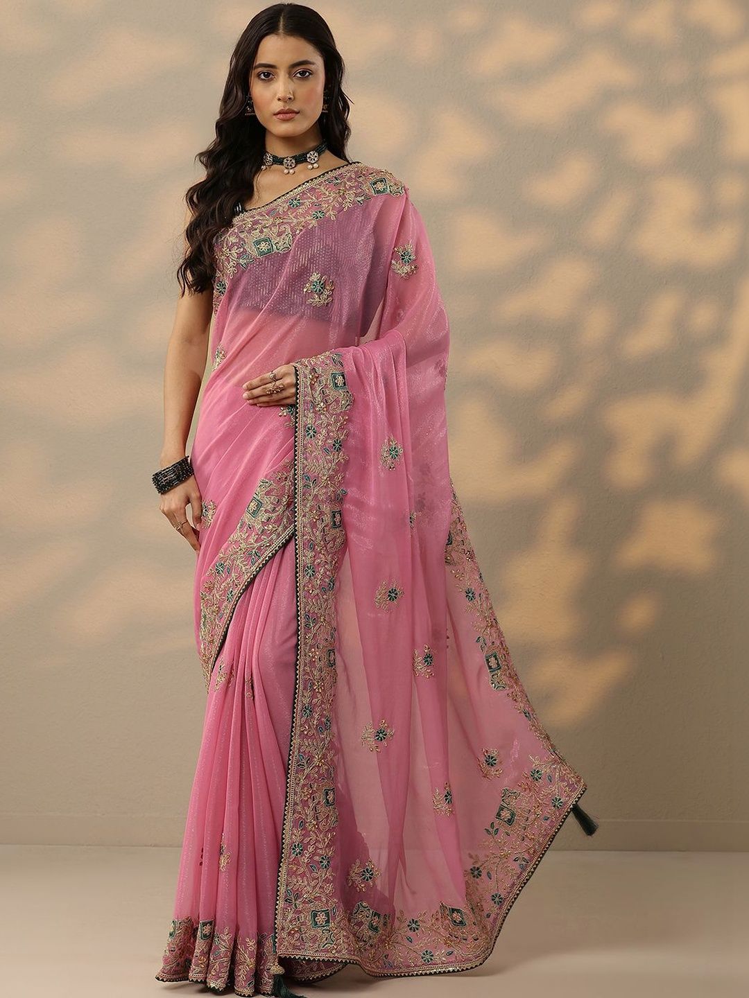 Libas Pink Embroidered Chinon Saree With Unstitched Blouse Piece