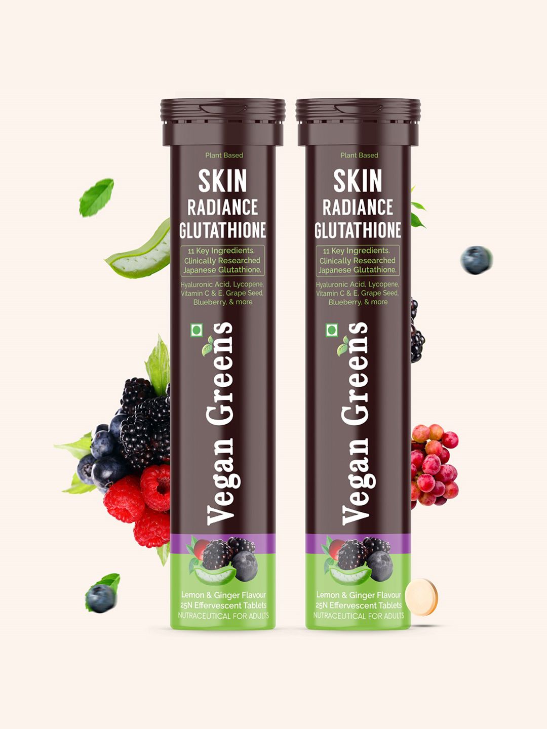 Vegan Greens Set Of 2 Skin Radiance Japanese Tablets- 25 Tablets Each- Lemon & Ginger