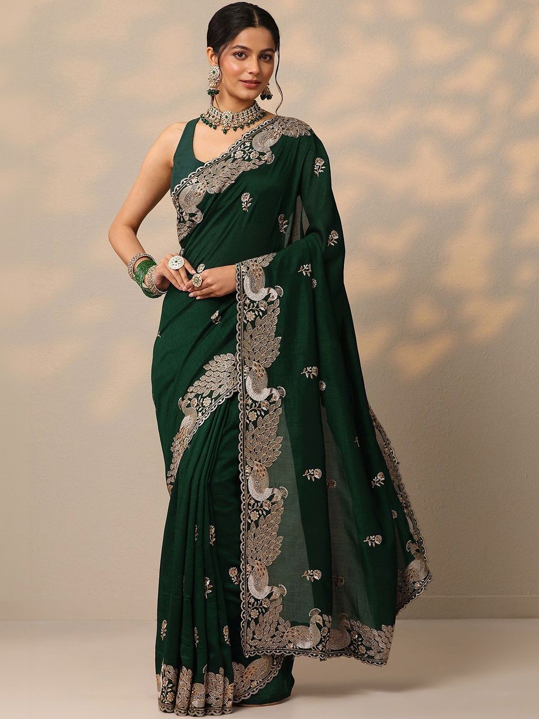 Libas Green Embroidered Sarees With Unstitched Blouse Piece