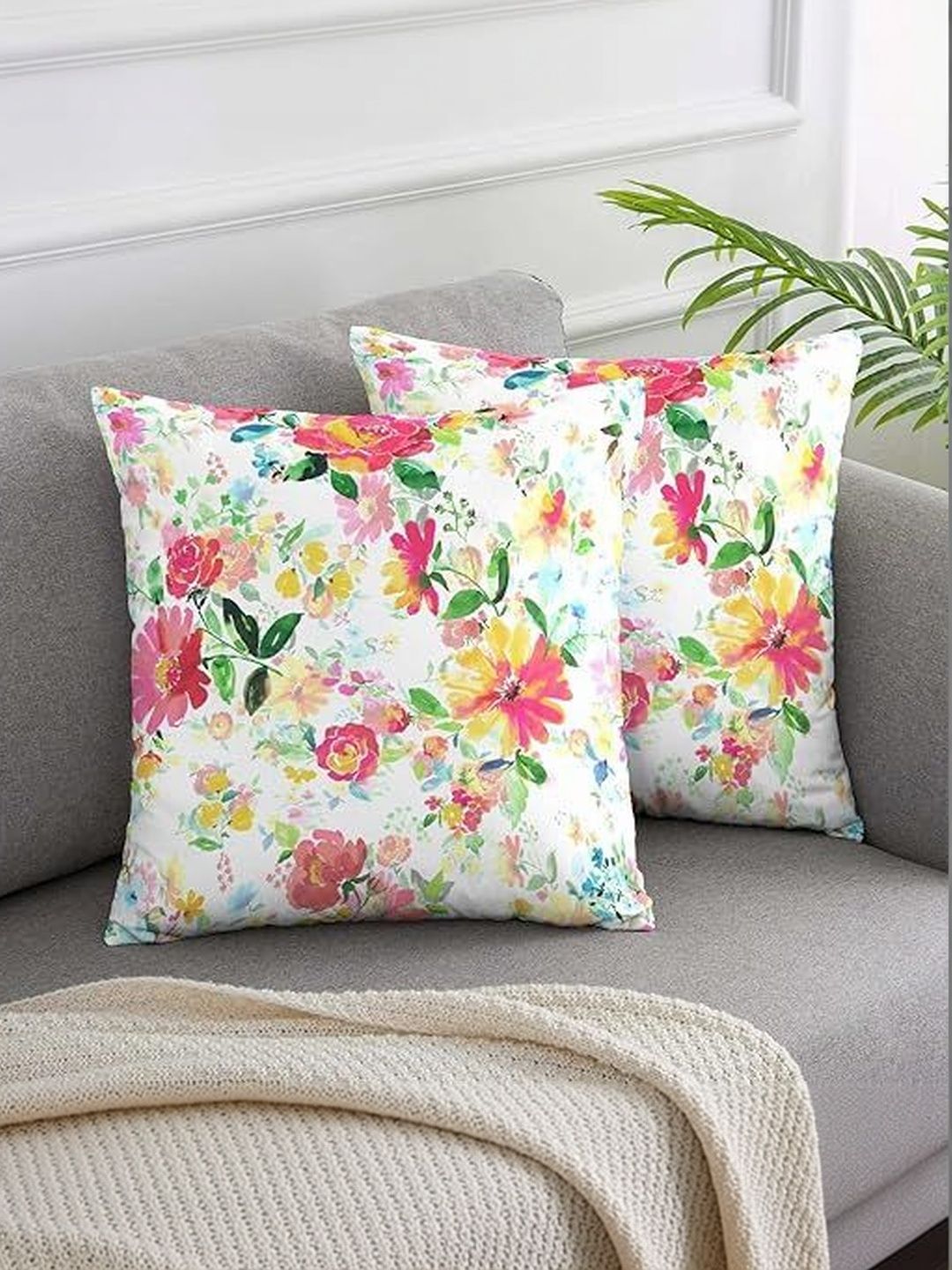 KNOTTING HOME White & Pink Set of 2 Floral Velvet Square Cushion Covers