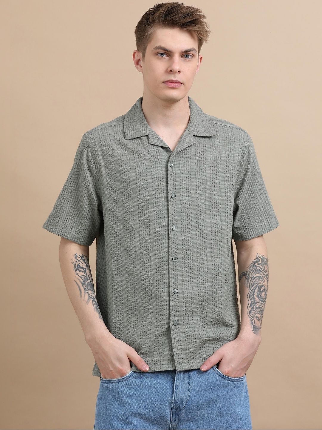 GLORYBOYZ Men Textured Seersucker Resort Cotton Half Sleeve Shirt