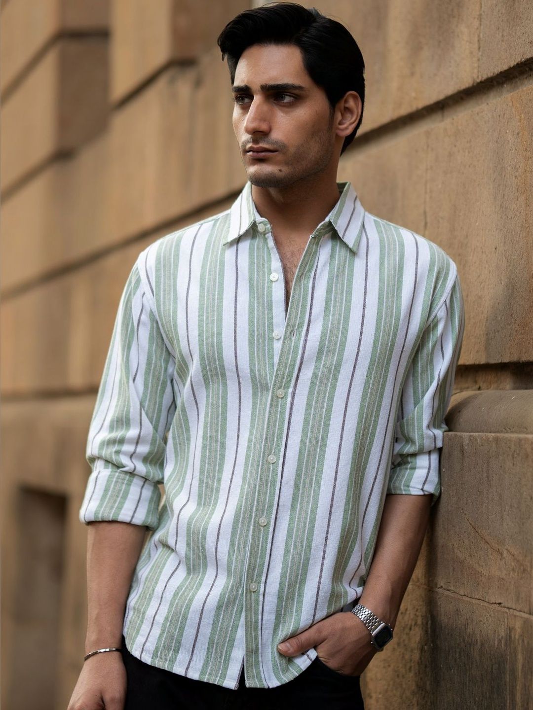 Powerlook Strucured Vertical Stripes Cotton Long Sleeves Shirt