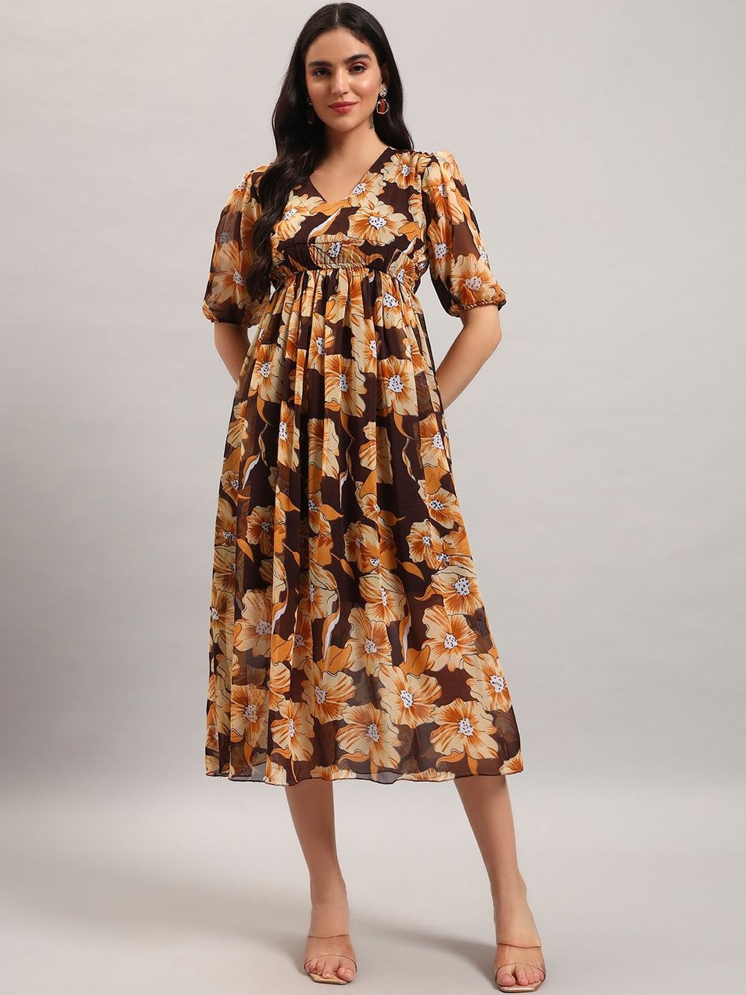 VALUE CREATION Floral Print Puff Sleeve Georgette A-Line Midi Dress