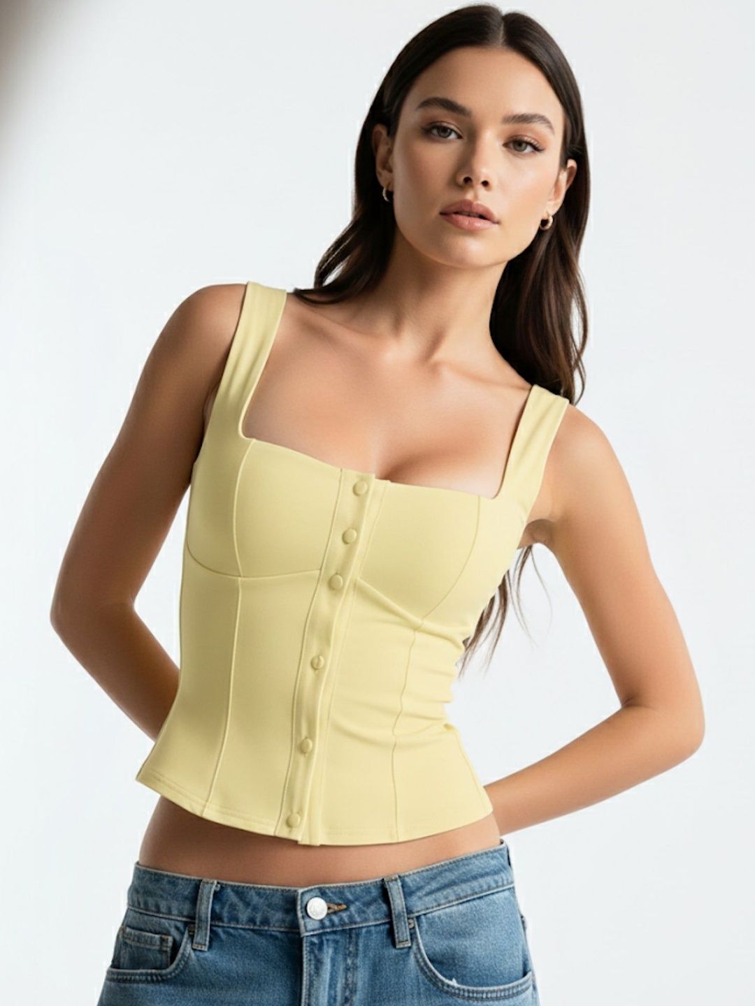 Outzidr Yellow Shoulder Strap Front Buttoned Tank