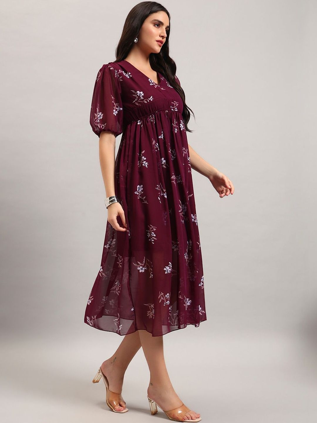 VALUE CREATION Floral Print Puff Sleeve Georgette Empire Midi Dress