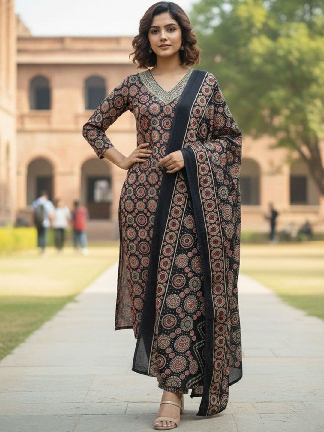 Varanga Women Ethnic Motifs Printed Regular Thread Work Pure Cotton Kurta with Trousers & With Dupatta