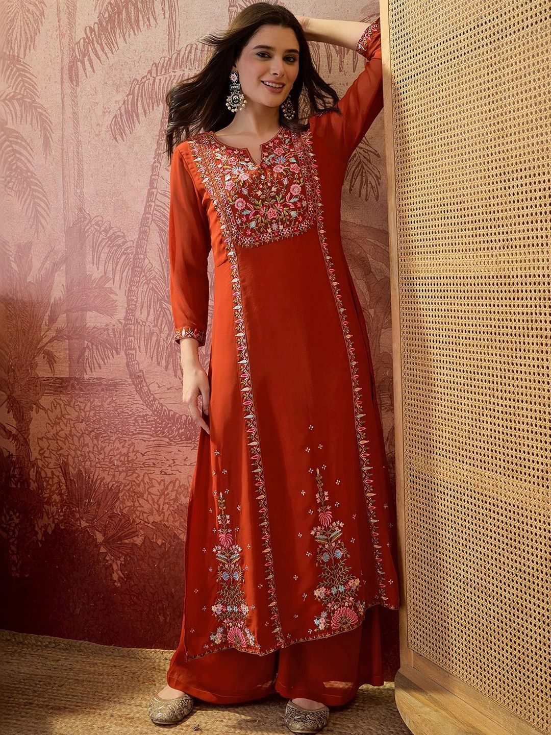 Embroidered Round Neck Kurta & Palazzos