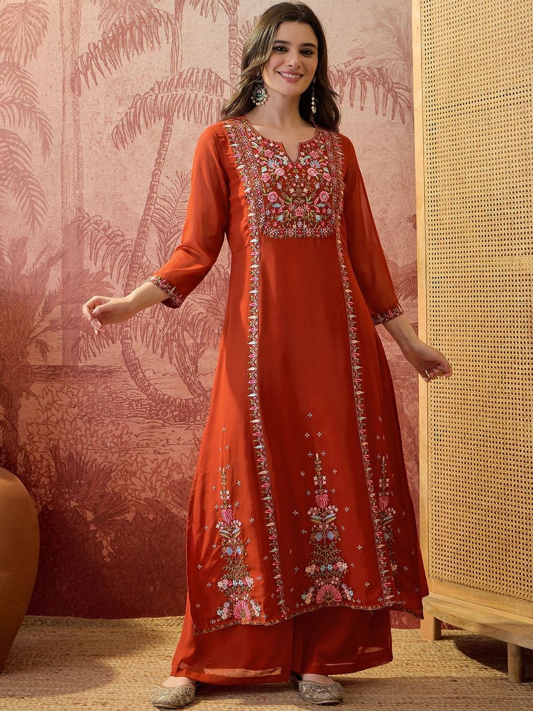 Embroidered Round Neck Kurta & Palazzos 7